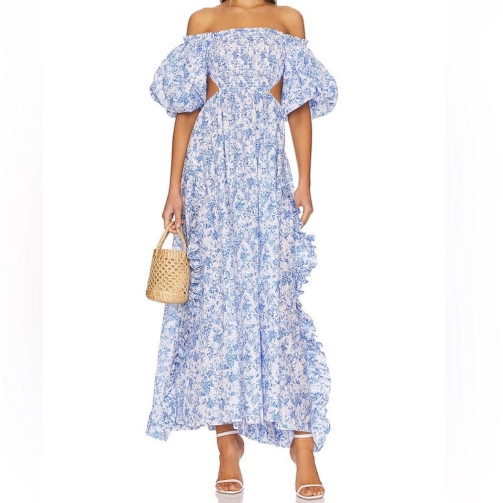 Caroline Constas L Yara Maxi Dress Gown Floral Ruffles Off-shoulder Puff Sleeves